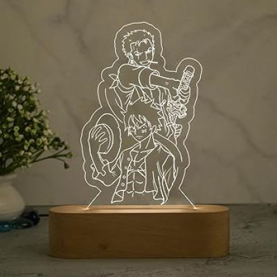 3D Illusion Zoro Manga & MonkeyDLuffy LED Night Lamp with Cool White Color Gift for Anime Lover, Birthday Gift, Kids Room Decor Table Lamp