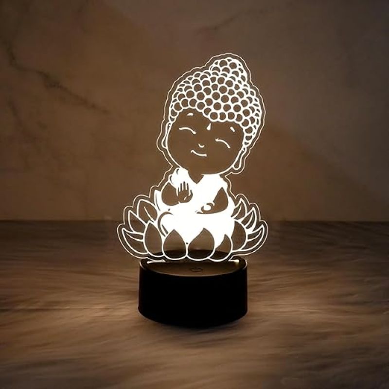 3D Illusion Cute Buddha Night Lamp  Warm White Lamp   Home & Office Decor Light  Blessing Gift for Birthday