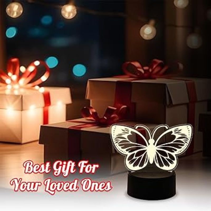 Butterfly Night Light, Birthday Gift for Girls 3D Illusion Lamp Kids Bedside Lamp with Warm White Light & Touch Control Butterfly Girls Gifts