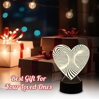3D Illusion Heart Lamp with Warm White Light  Bedside Table Lamp  Acrylic Desk Table Lamp with Plastic Base