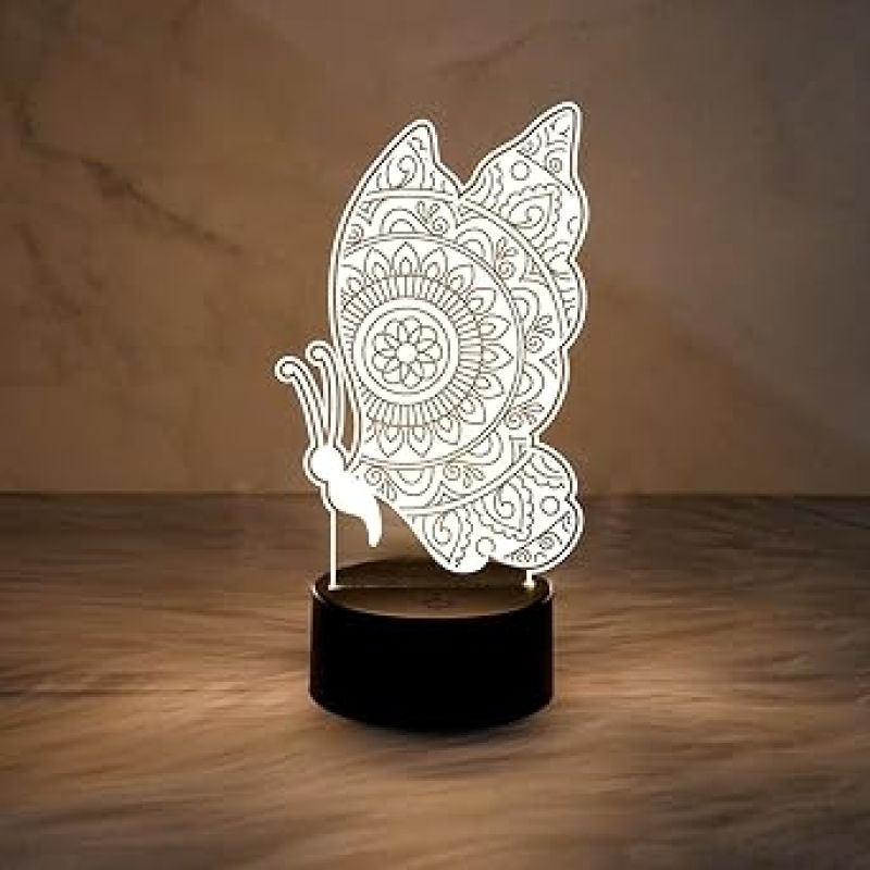 Butterfly Mandala Art Design 3D Illusion Night Lamp with Warm White Light  Table Lamp Home Decor Light