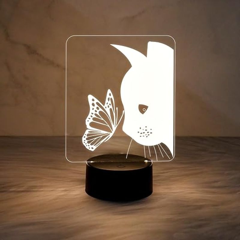 Cat with Butterfly Night Light, Cute Cat Lights Lamp Nightlight Birthday Gift with Warm White Light Light for Kids Baby Children