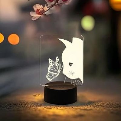 Cat with Butterfly Night Light, Cute Cat Lights Lamp Nightlight Birthday Gift with Warm White Light Light for Kids Baby Children