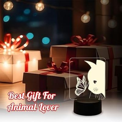 Cat with Butterfly Night Light, Cute Cat Lights Lamp Nightlight Birthday Gift with Warm White Light Light for Kids Baby Children