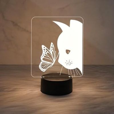 Cat with Butterfly Night Light, Cute Cat Lights Lamp Nightlight Birthday Gift with Warm White Light Light for Kids Baby Children