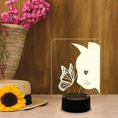 Cat with Butterfly Night Light, Cute Cat Lights Lamp Nightlight Birthday Gift with Warm White Light Light for Kids Baby Children