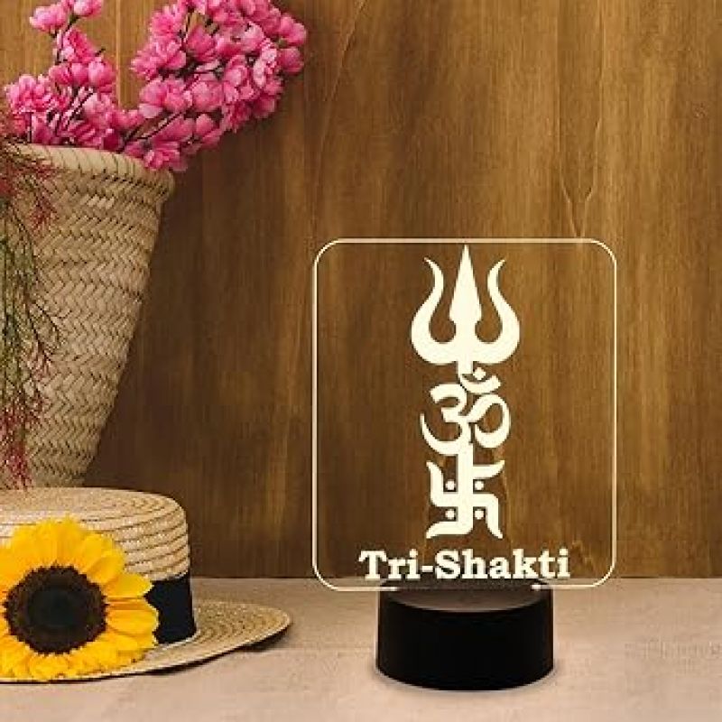 3D Illusion Tri Shakti Acrylic Night Lamp with Warm White Light Religious Gift Items  Pooja Room Decor Light