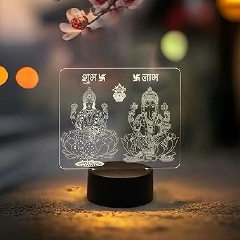 3D Illusion Lord Ganesha & Goddess Laxmi Night Lamp with Warm White Light   Diwali Pooja Led Lamp  Diwali Blessing Gift for Family & Friends