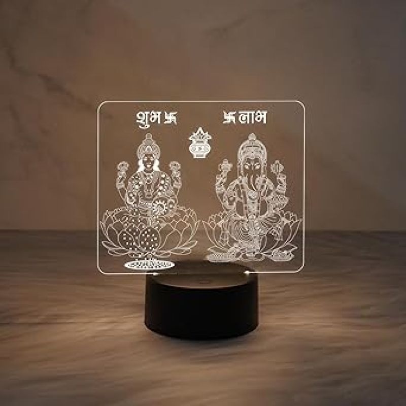 3D Illusion Lord Ganesha & Goddess Laxmi Night Lamp with Warm White Light   Diwali Pooja Led Lamp  Diwali Blessing Gift for Family & Friends