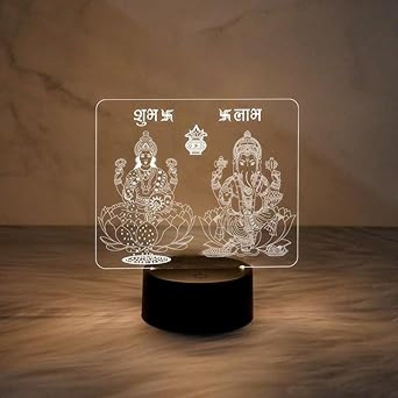 3D Illusion Lord Ganesha & Goddess Laxmi Night Lamp with Warm White Light   Diwali Pooja Led Lamp  Diwali Blessing Gift for Family & Friends