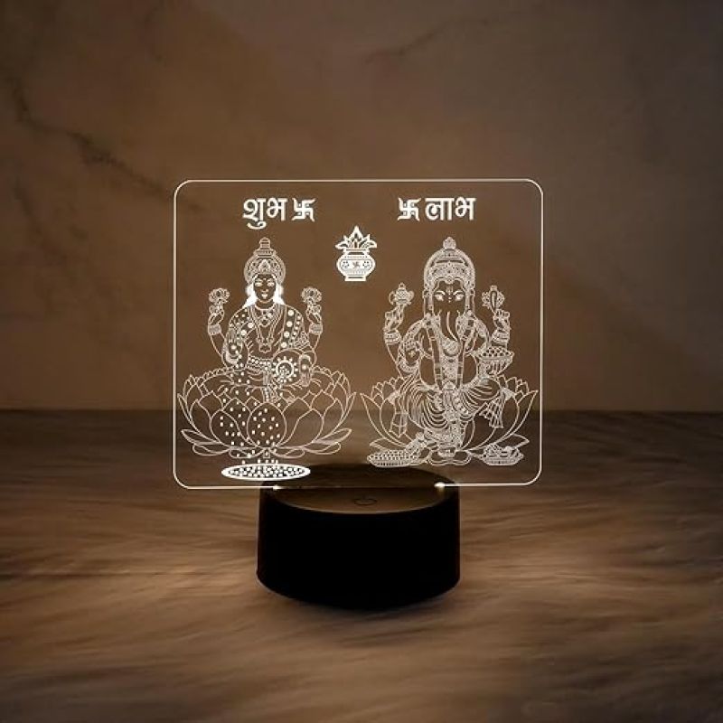 3D Illusion Lord Ganesha & Goddess Laxmi Night Lamp with Warm White Light   Diwali Pooja Led Lamp  Diwali Blessing Gift for Family & Friends