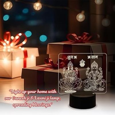 3D Illusion Lord Ganesha & Goddess Laxmi Night Lamp with Warm White Light   Diwali Pooja Led Lamp  Diwali Blessing Gift for Family & Friends