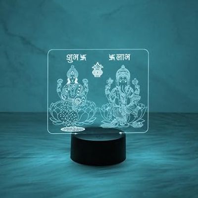 3D Illusion Lord Ganesha & Goddess Laxmi Night Lamp with Automatic Color Changing Light Diwali Pooja Led Lamp  Diwali Blessing Gift for Family & Friends