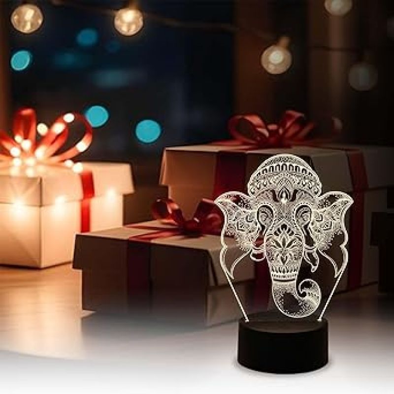 Lord Ganesha Elephant Face 3D Illusion Night Lamp  Lord Ganesha Idol for Home Decor  Diwali Decor Light  Pooja Room Decoration Light  Warm White Light