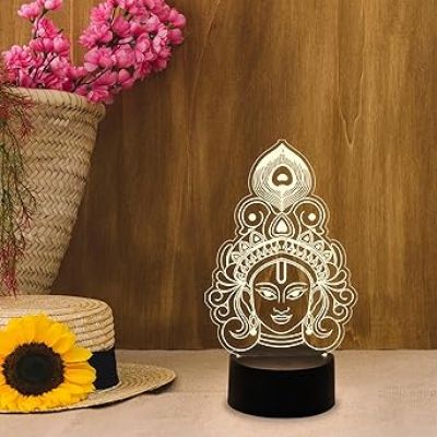 3D Illusion Lord Krishna Night Lamp  Religious Gift Items  God Night Lamp  Pooja Room Décor Light  Blessing Gift (Warm White Light)