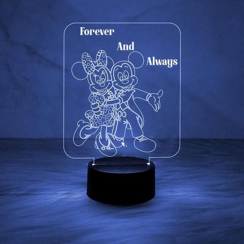 3D Illusion Mickey Mouse Night Lamp  Engraved Forever & Always Led Lamp with Automatic Color Changing Light  Cartoon Lamp  Birthday Gift