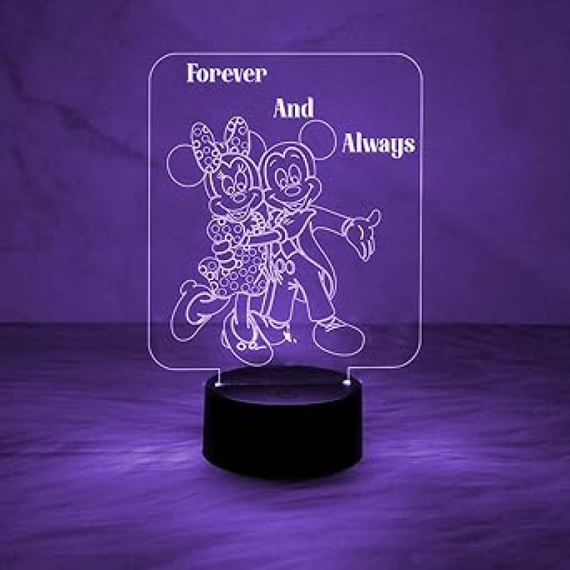 3D Illusion Mickey Mouse Night Lamp  Engraved Forever & Always Led Lamp with Automatic Color Changing Light  Cartoon Lamp  Birthday Gift