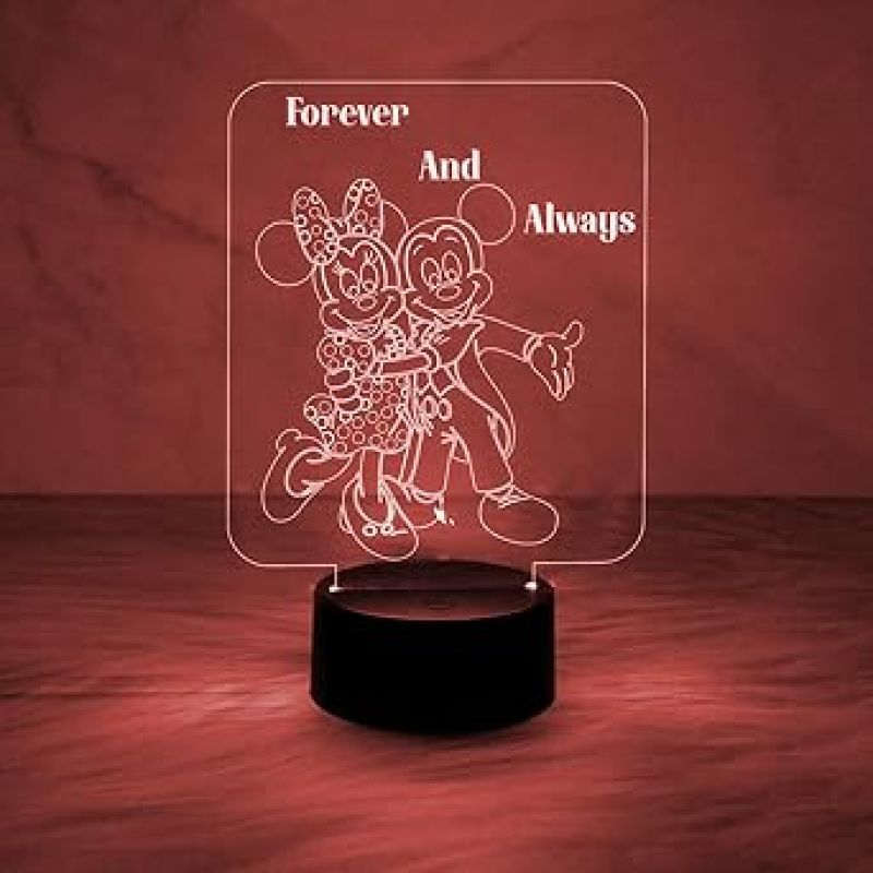 3D Illusion Mickey Mouse Night Lamp  Engraved Forever & Always Led Lamp with Automatic Color Changing Light  Cartoon Lamp  Birthday Gift