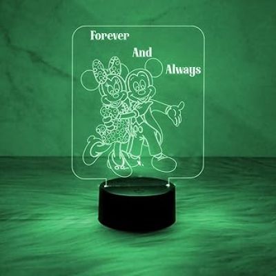 3D Illusion Mickey Mouse Night Lamp  Engraved Forever & Always Led Lamp with Automatic Color Changing Light  Cartoon Lamp  Birthday Gift
