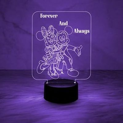 3D Illusion Mickey Mouse Night Lamp  Engraved Forever & Always Led Lamp with Automatic Color Changing Light  Cartoon Lamp  Birthday Gift