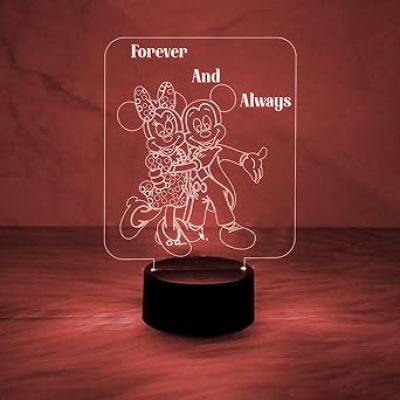 3D Illusion Mickey Mouse Night Lamp  Engraved Forever & Always Led Lamp with Automatic Color Changing Light  Cartoon Lamp  Birthday Gift