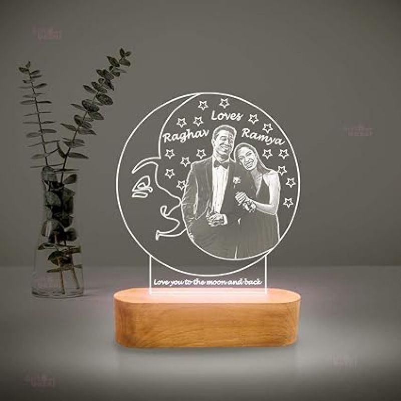 3D Illusion Moon Shape Night Lamp Customized with Photo & Name  Gift for Loveable Person  Engraved Night Lamp (Cool White Light)
