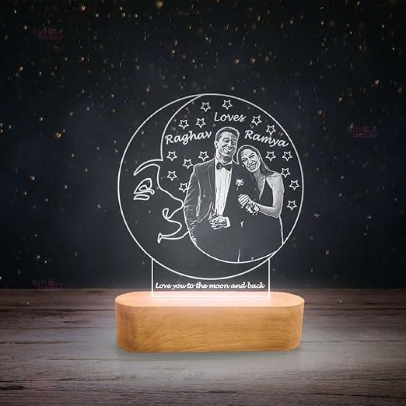 3D Illusion Moon Shape Night Lamp Customized with Photo & Name  Gift for Loveable Person  Engraved Night Lamp (Cool White Light)