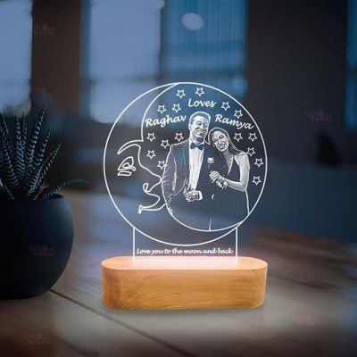 3D Illusion Moon Shape Night Lamp Customized with Photo & Name  Gift for Loveable Person  Engraved Night Lamp (Cool White Light)