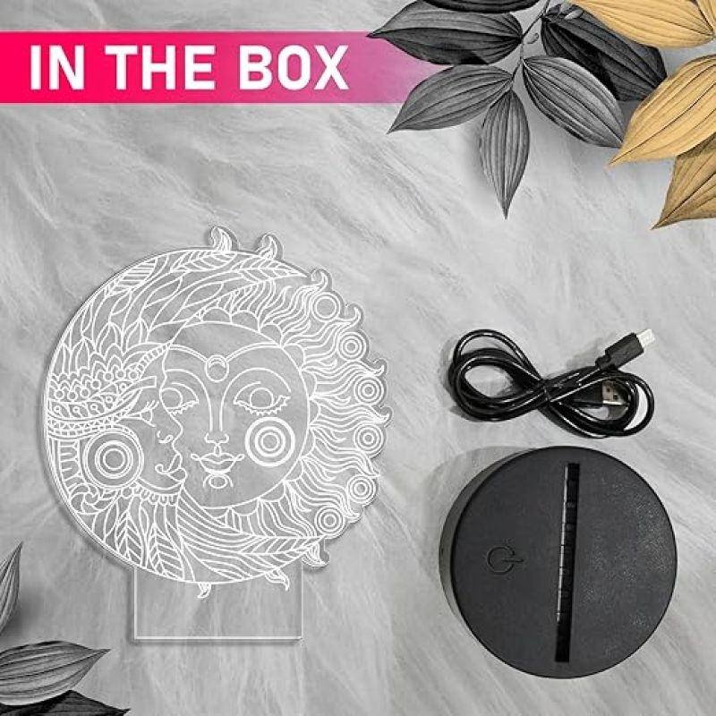 3D Illusion Moon & Sun Night Lamp with Warm White Light   Home & Office Decor Light  Bedside Room Decor Light