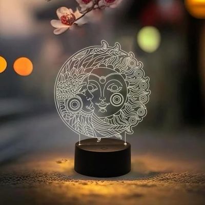 3D Illusion Moon & Sun Night Lamp with Warm White Light   Home & Office Decor Light  Bedside Room Decor Light