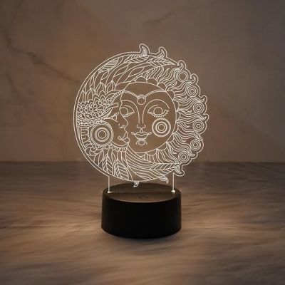 3D Illusion Moon & Sun Night Lamp with Warm White Light   Home & Office Decor Light  Bedside Room Decor Light