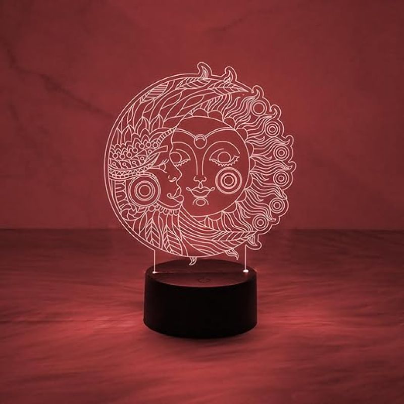 3D Illusion Moon & Sun Night Lamp with Multicolored Light   Home & Office Decor Light  Bedside Room Decor Light
