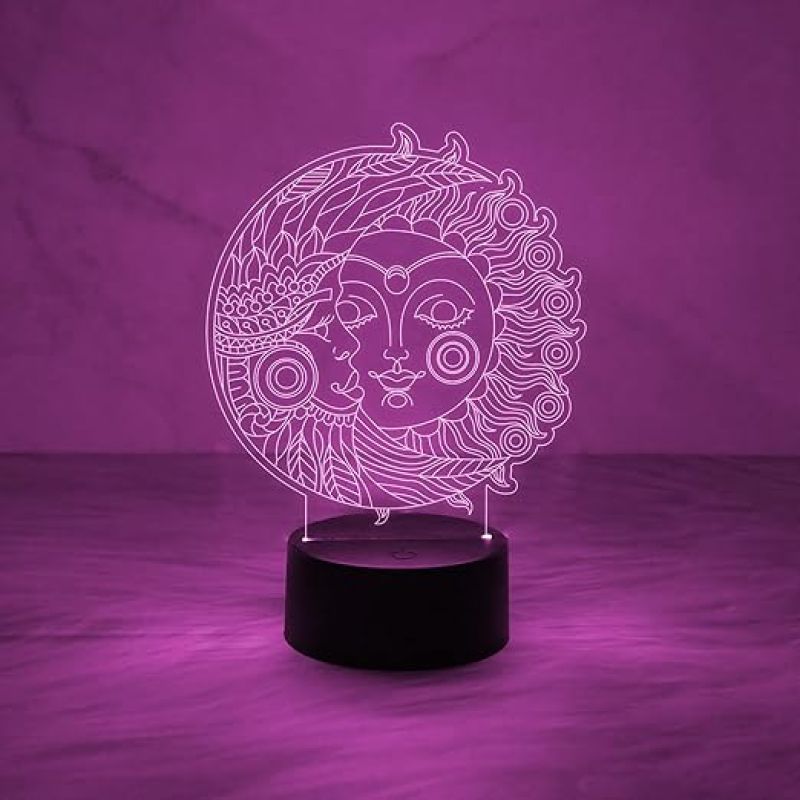 3D Illusion Moon & Sun Night Lamp with Multicolored Light   Home & Office Decor Light  Bedside Room Decor Light