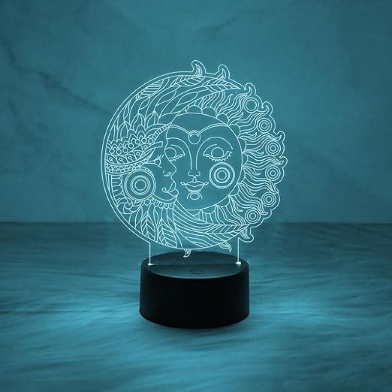 3D Illusion Moon & Sun Night Lamp with Multicolored Light   Home & Office Decor Light  Bedside Room Decor Light