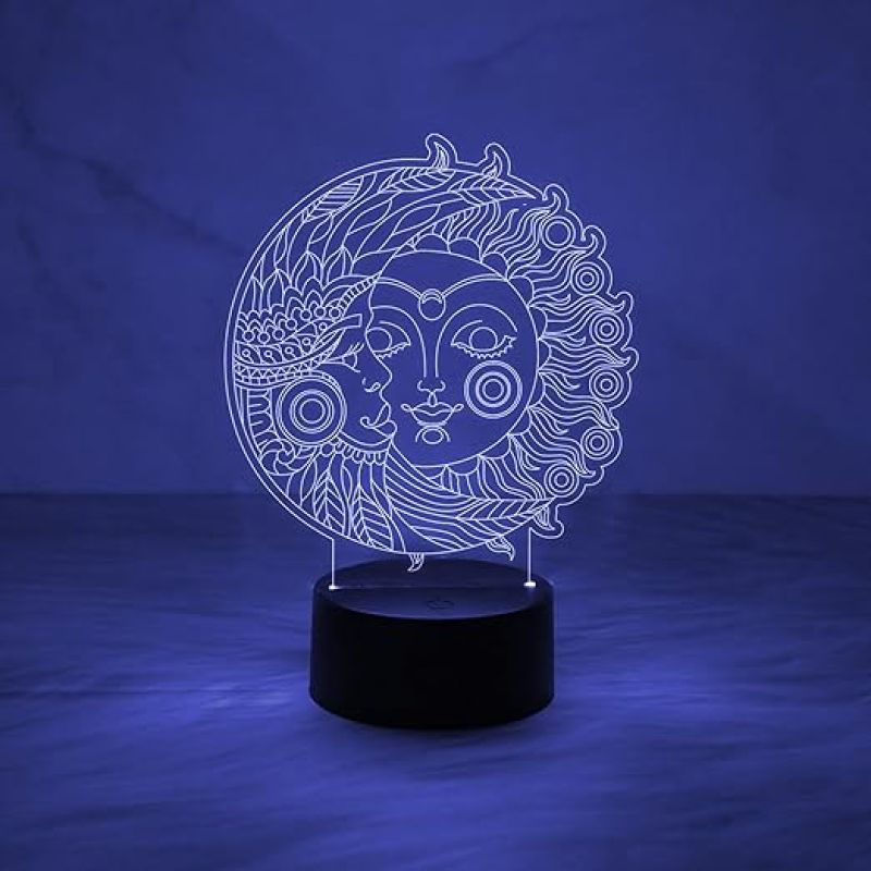 3D Illusion Moon & Sun Night Lamp with Multicolored Light   Home & Office Decor Light  Bedside Room Decor Light