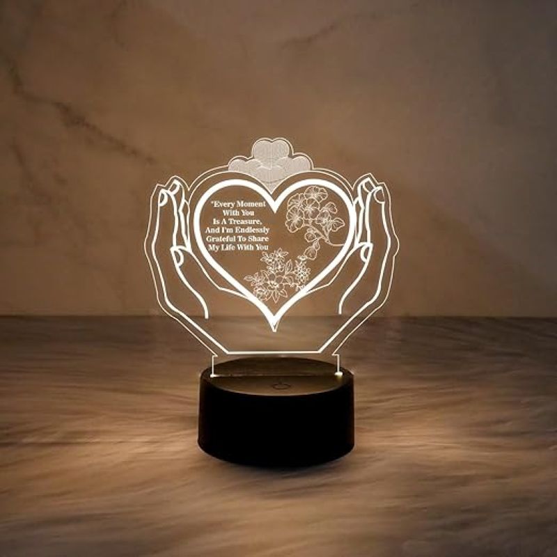 3D Illusion Heart Hand Night Lamp Gift for Engagement Wedding Anniversary Couple  Warm White Light