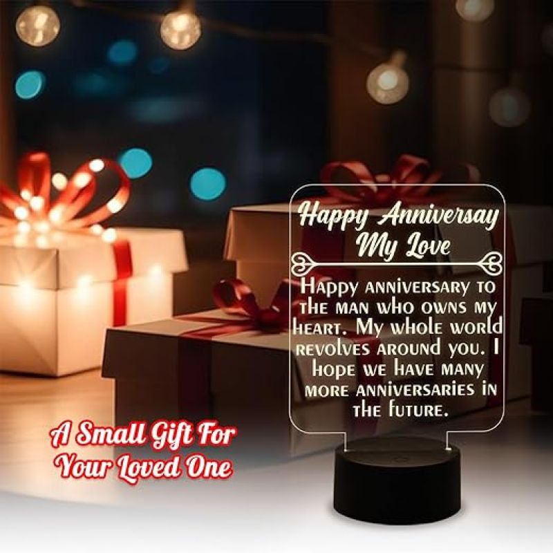 Engraved Happy Anniversary My Love Night Lamp with Warm White Light  First Wedding Anniversary LED Gifts for Wife Husband  Acrylic Night Lamp