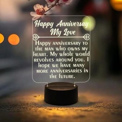 Engraved Happy Anniversary My Love Night Lamp with Warm White Light  First Wedding Anniversary LED Gifts for Wife Husband  Acrylic Night Lamp