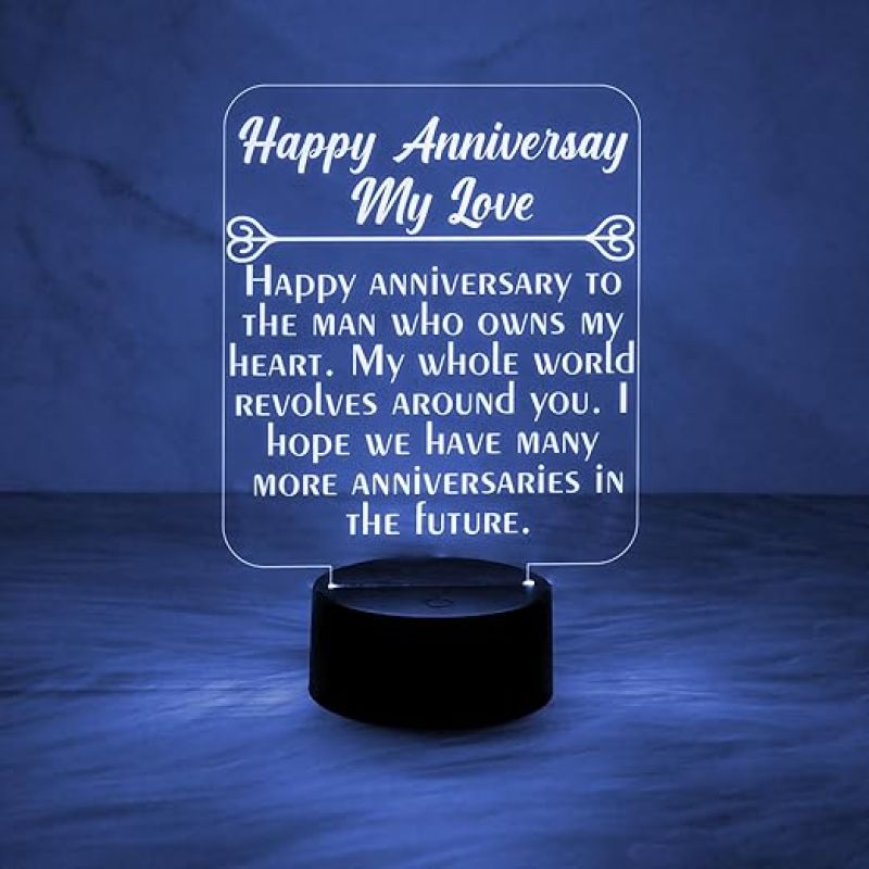 Engraved Happy Anniversary My Love Night Lamp with Automatic Color Changing Light  First Wedding Anniversary LED Gifts for Wife Husband | Ac