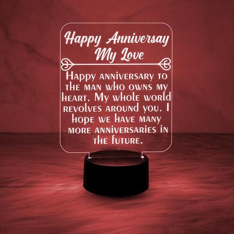 Engraved Happy Anniversary My Love Night Lamp with Automatic Color Changing Light  First Wedding Anniversary LED Gifts for Wife Husband | Ac