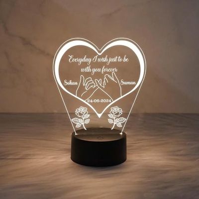 Personalized Heart Night Lamp  Customized with Name & Date  Warm White Light  Gift for Engagement  Birthday Gift for Wife Husband