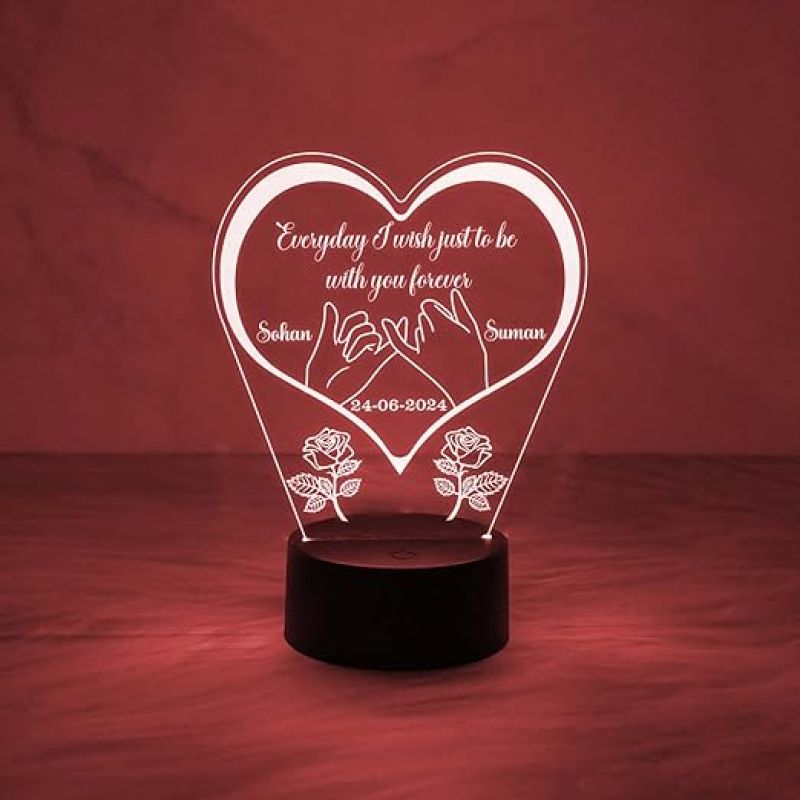 Personalized Heart Night Lamp  Customized with Name & Date  Automatic Color Changing Light  Gift for Engagement  Birthday Gift for Wife Husband