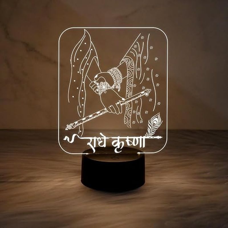 Radhe Krishna Acrylic Night Lamp with Warm White Light  Pooja Room & Home Decor Light  Bedside Table Lamp  Religious Gift Light