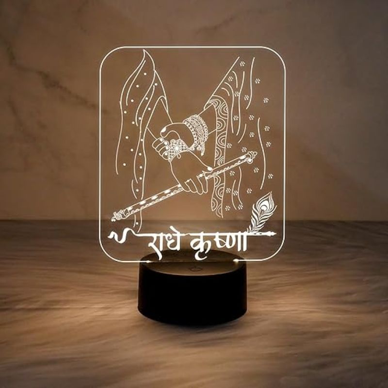 Radhe Krishna Acrylic Night Lamp with Warm White Light  Pooja Room & Home Decor Light  Bedside Table Lamp  Religious Gift Light