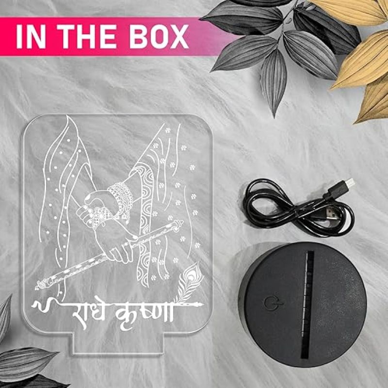 Radhe Krishna Acrylic Night Lamp with Warm White Light  Pooja Room & Home Decor Light  Bedside Table Lamp  Religious Gift Light