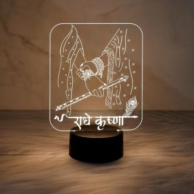 Radhe Krishna Acrylic Night Lamp with Warm White Light  Pooja Room & Home Decor Light  Bedside Table Lamp  Religious Gift Light