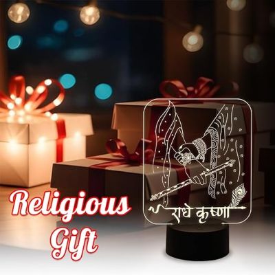 Radhe Krishna Acrylic Night Lamp with Warm White Light  Pooja Room & Home Decor Light  Bedside Table Lamp  Religious Gift Light