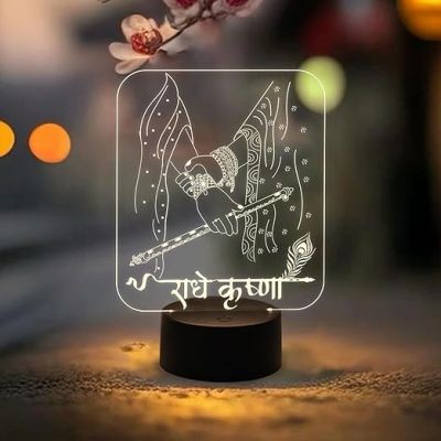 Radhe Krishna Acrylic Night Lamp with Warm White Light  Pooja Room & Home Decor Light  Bedside Table Lamp  Religious Gift Light