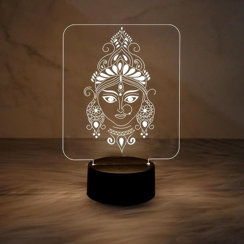 3D Illusion Maa Durga Face Night Lamp with Warm White Light  Pooja Room Decor Light  Maa Durga Idol  Religious Gift