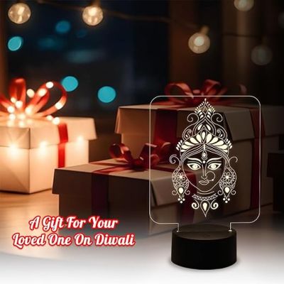 3D Illusion Maa Durga Face Night Lamp with Warm White Light  Pooja Room Decor Light  Maa Durga Idol  Religious Gift